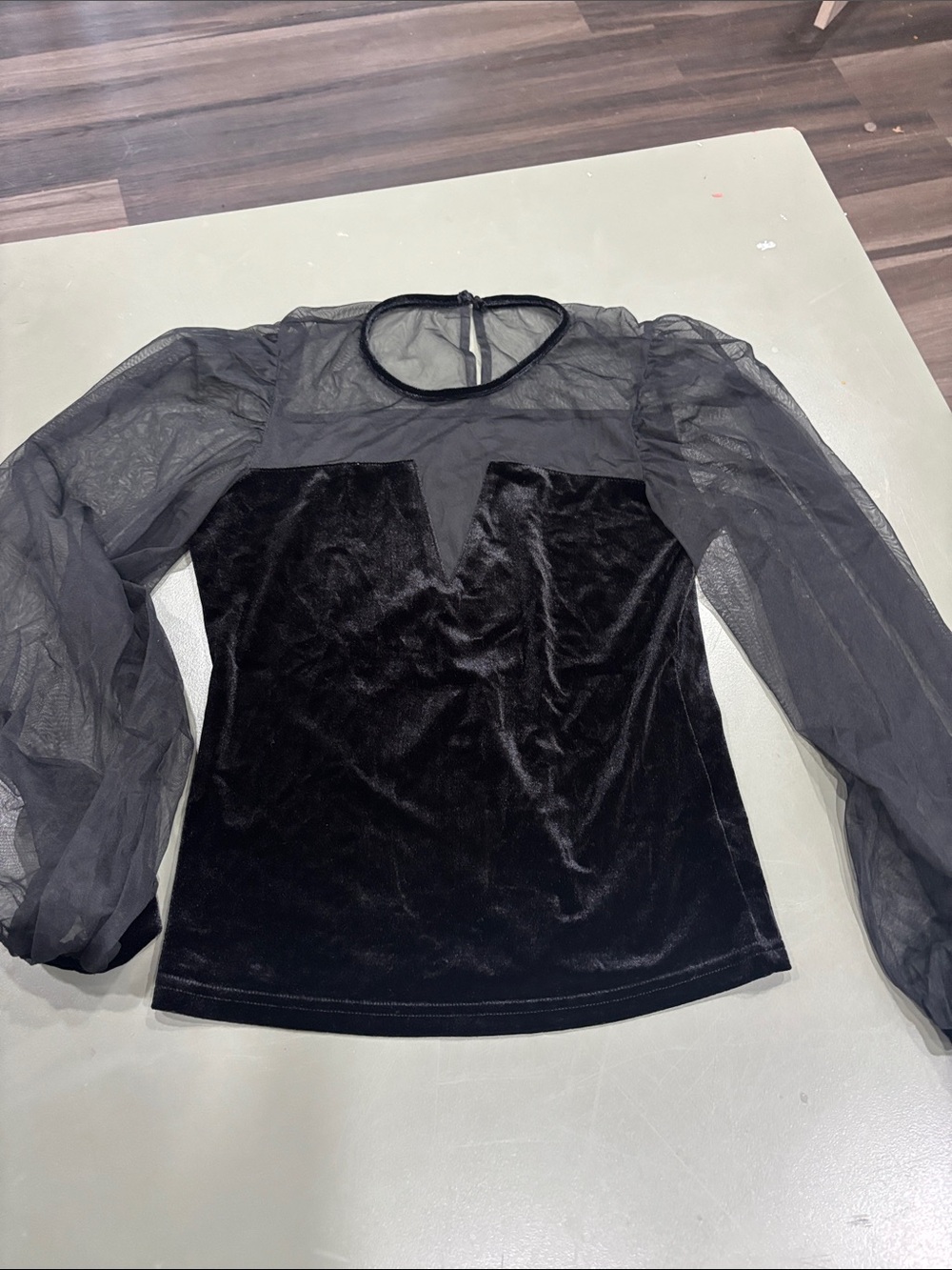 Sheer Sleeve Velvet Bodice Top - Black